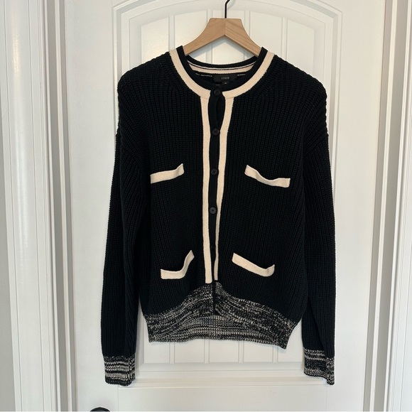 J. Crew Front Pocket Cotton Cardigan Sweater Black White Knit Size Medium - Picture 3 of 8